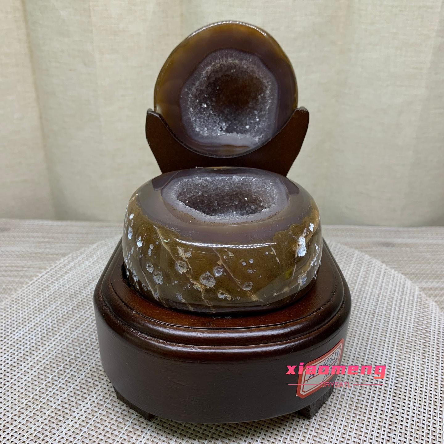 2.3LB  Natural Agate Treasure Basin Geode Crystal Cluster Specimen With Wooden B