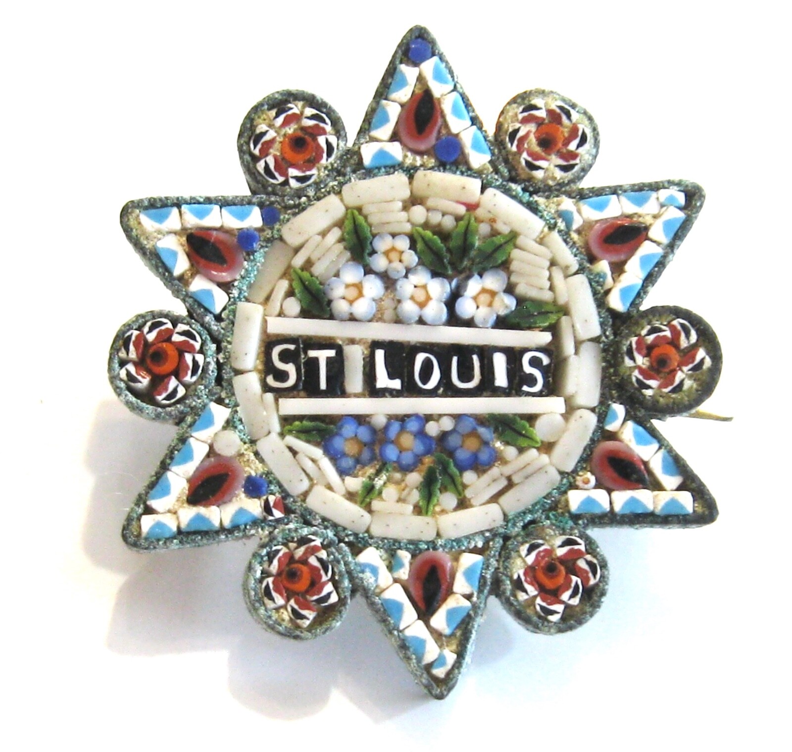 RARE OLD ST LOUIS MICRO MOSAIC SIX POINT STAR FORGET ME KNOT FLOWERS PIN BROOCH