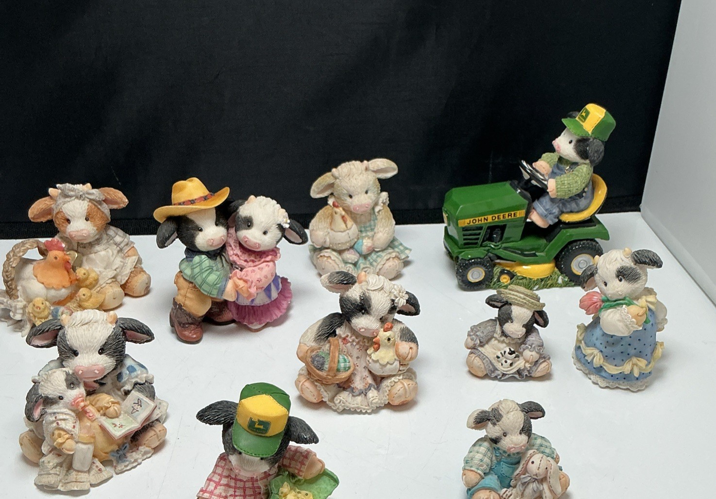 Lot of 10 Enesco Mary's Moo Moos Cow Figurines Vintage John Deere Tractor Boy