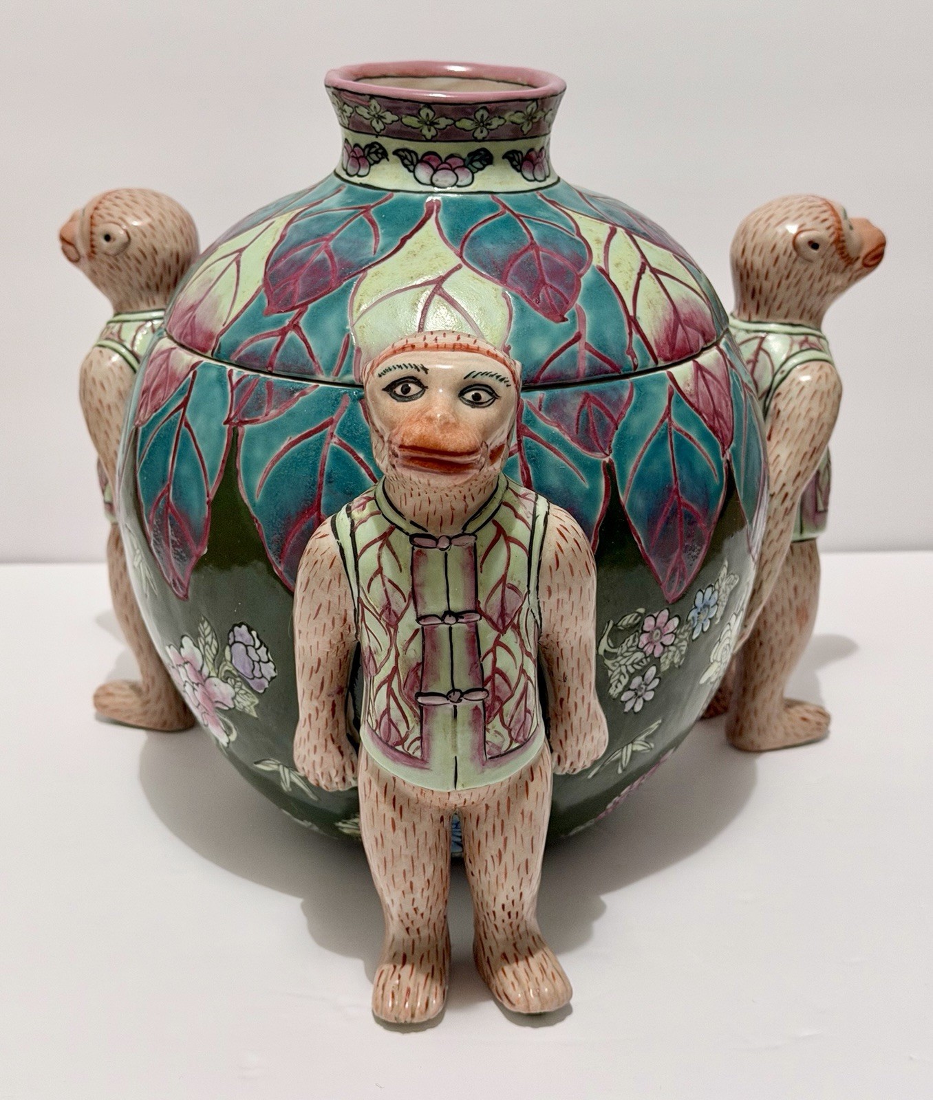 Vintage Andrea by Sadek Porcelain Chinoiserie Monkey Figurines X3 Ginger Jar