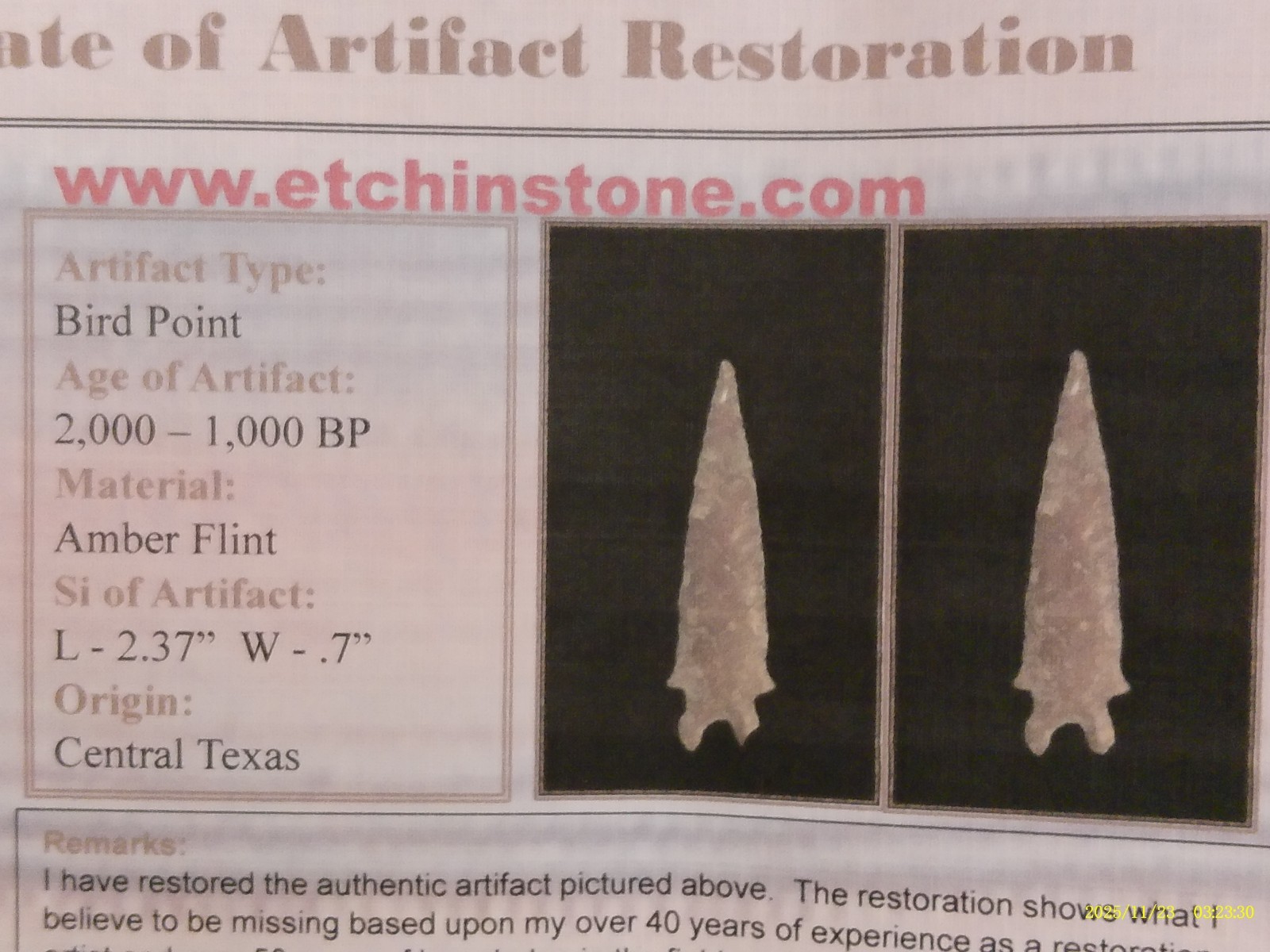 Restored Cent Texas Bird Point Arrowhead Prehistoric Artifact *FREE SHIPPING RS1