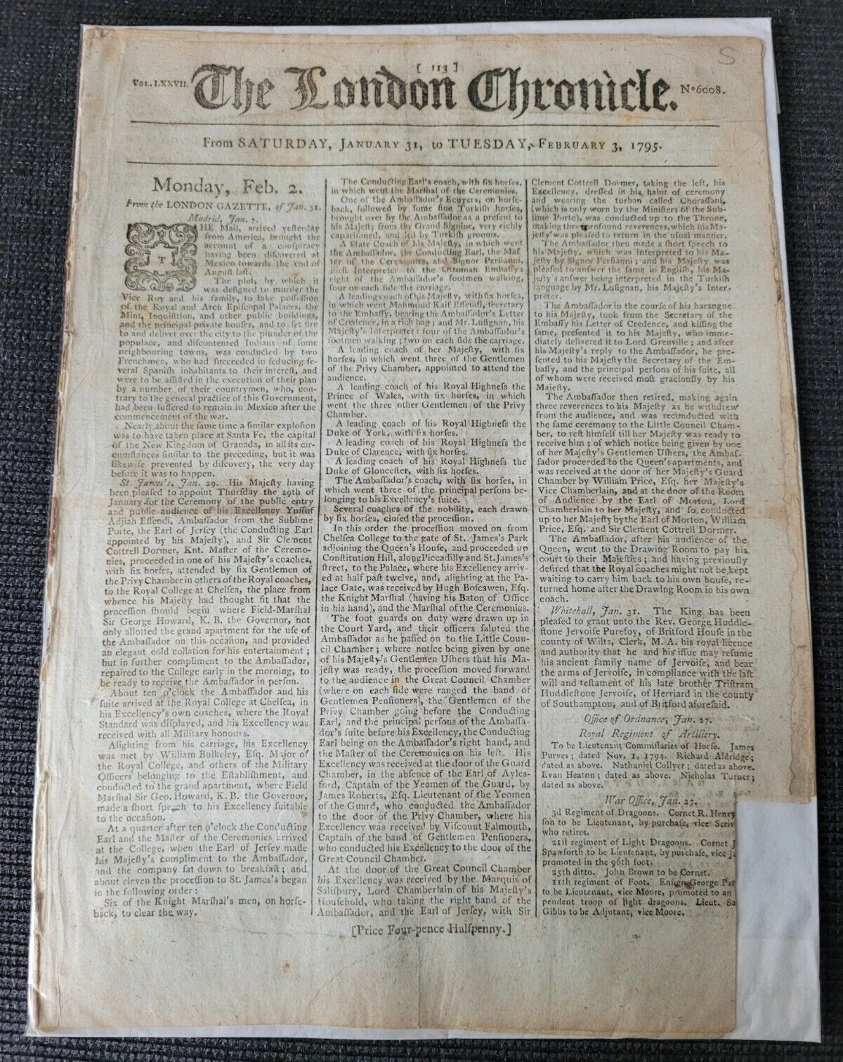 USA AMERICA MEXICO CONSPIRACY NEWSPAPER THE LONDON CHRONICLE 3 FEB 1795 ORIGINAL