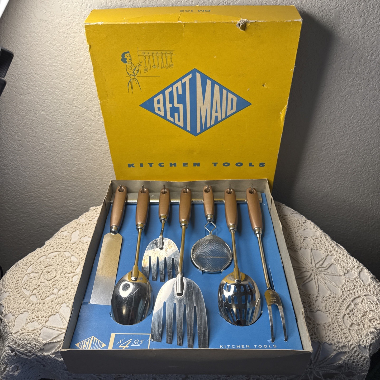 Vintage Best Maid 8 Piece Stainless Steel Kitchen Tool Set in Box USA with rack 