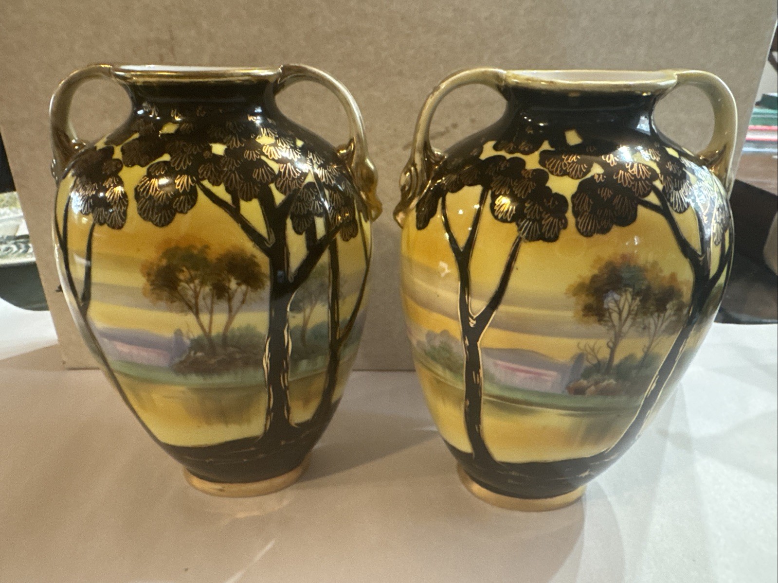 2 Vint. Nippon Moriage Porcelain Vase Hd/Ptd Outdoor Scene Gold Gilt  As-Found