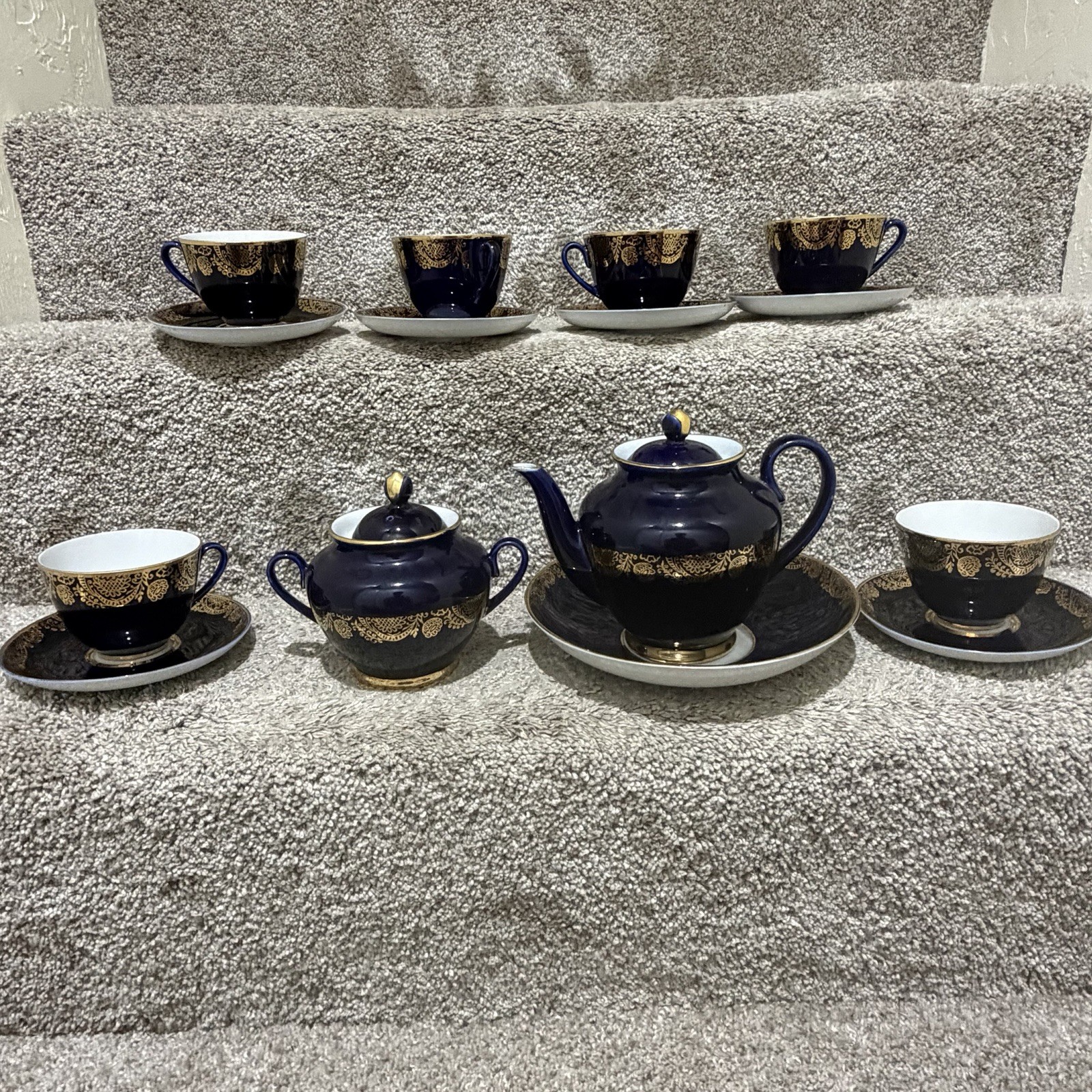 Vintage USSR LOMONOSOV PORCELAIN Tea Set / Lot Cobalt Blue, Gold Accents, 15 pc.