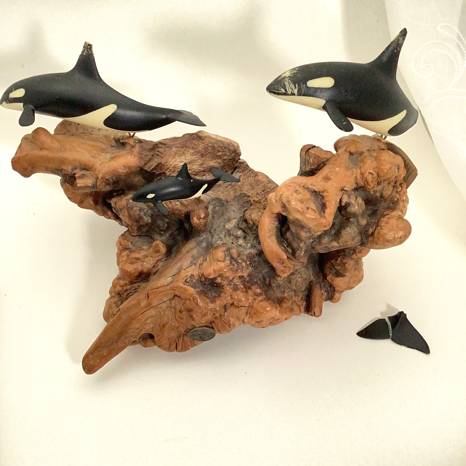 Vintage Orca Family Sculpture on Burlwood Base by John Perry, 1976