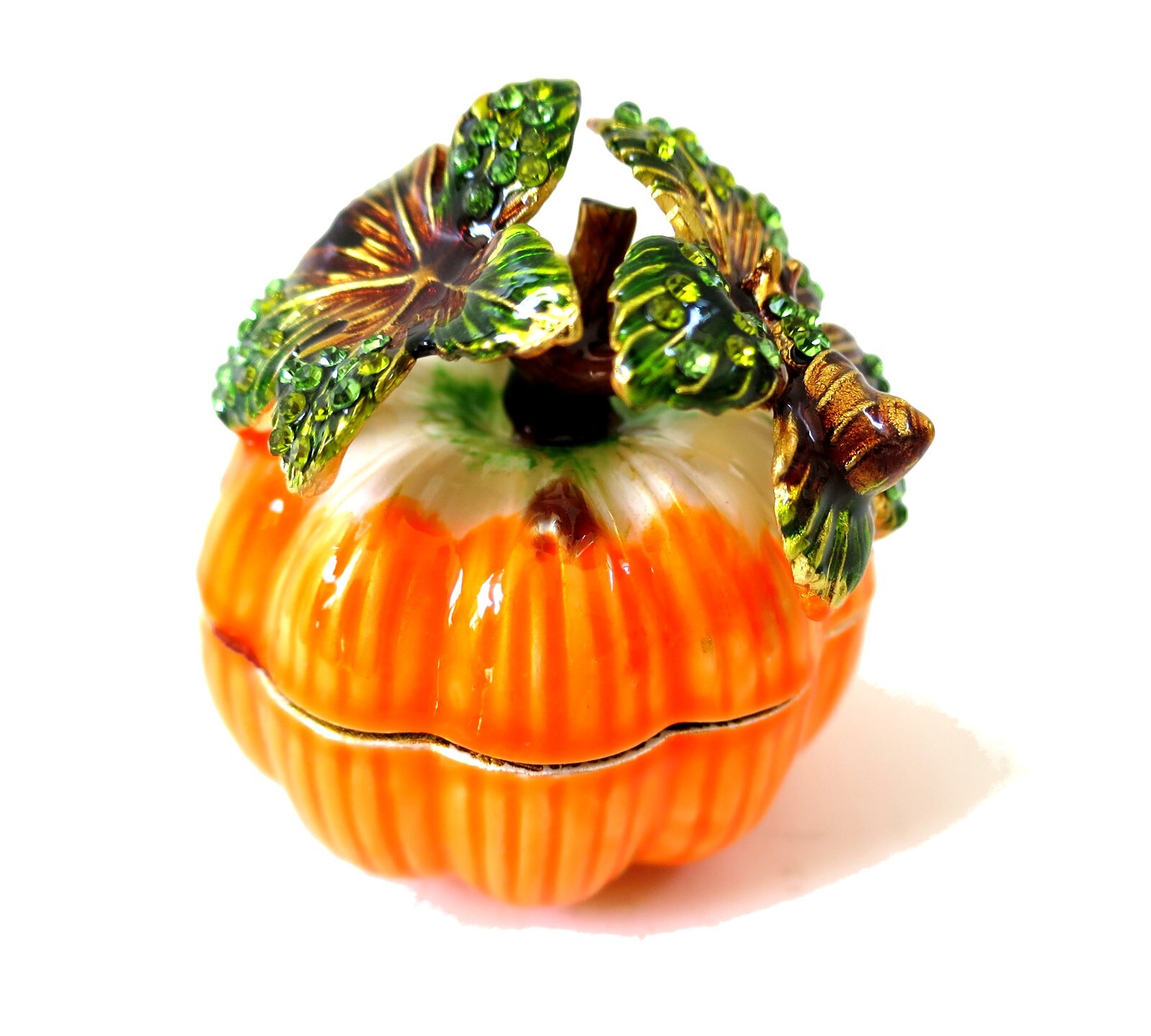 Bejeweled Orange Pumpkin Hinged Metal Enameled Crystal Trinket box