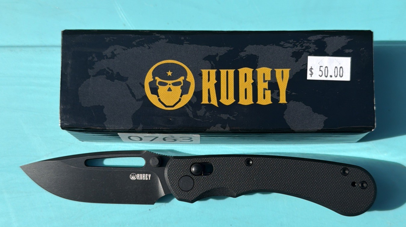 Kubey KU504E. D2 Blade. G10 Handle. Front Flip. Thumb Stud. Crossbar Lock.
