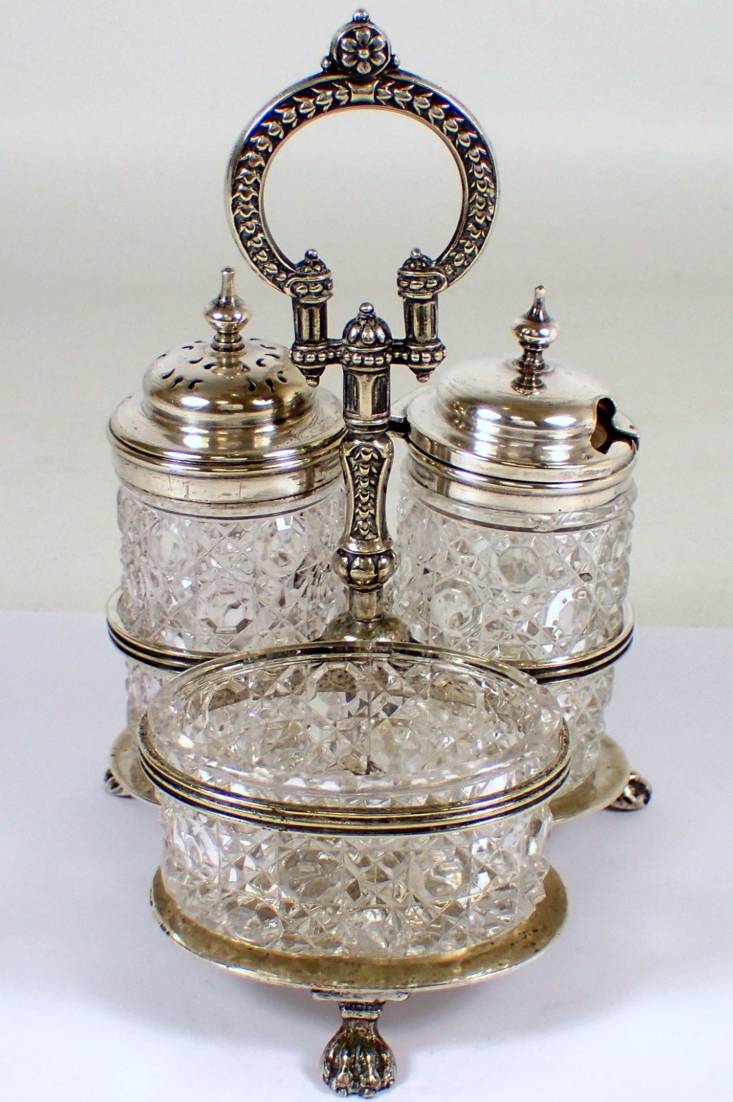 Antique Roberts & Belk Sheffield Silver Plated Salt Pepper Condiment Cruet Caddy