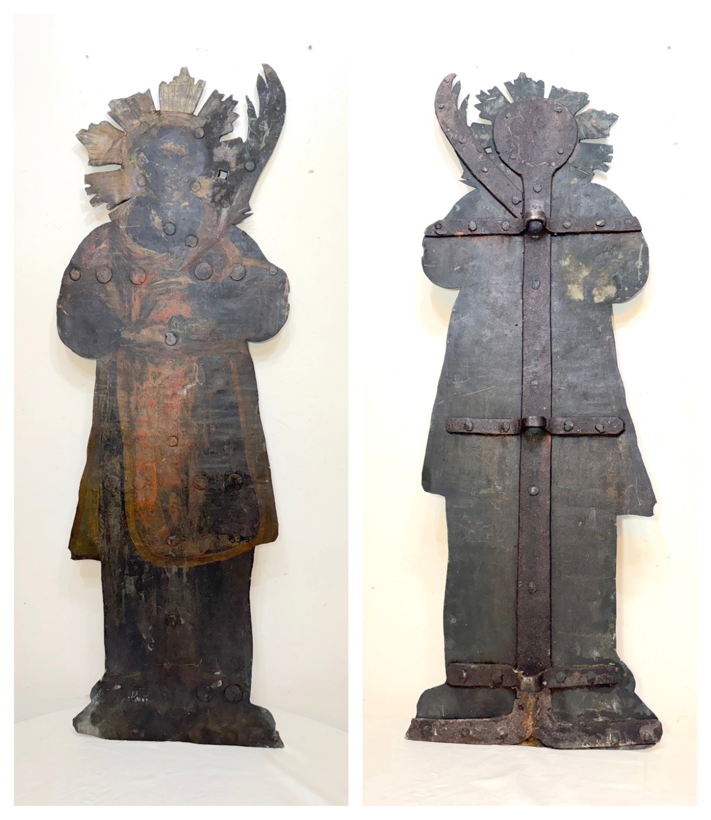 HUGE antique hand painted 17th century copper wrought iron religious sign statue