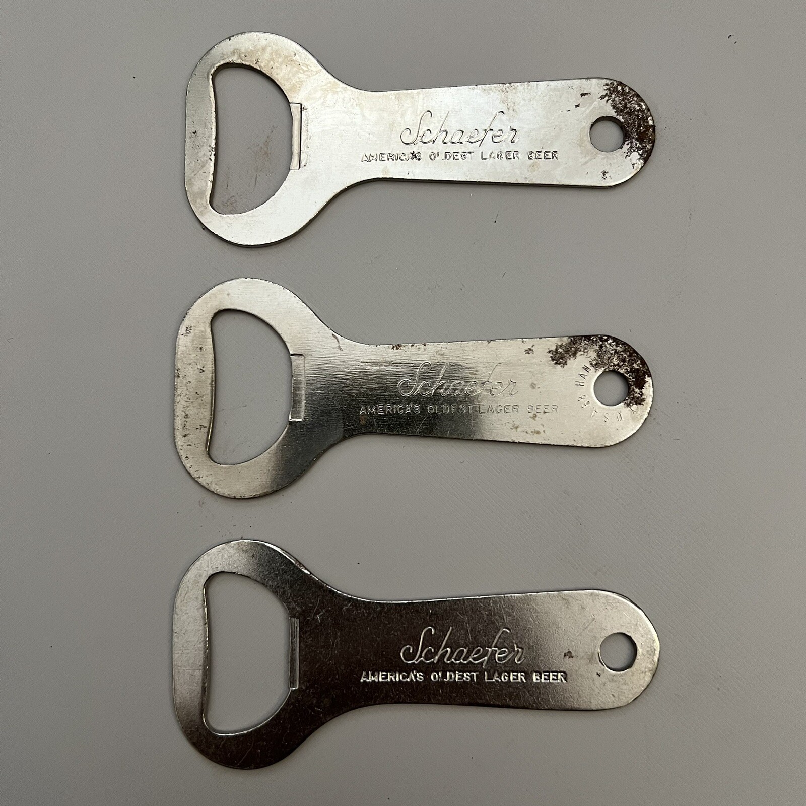 Lot Of 3 Vtg Schaefer Chrome Metal Vaughan America's Oldest Beer Bottle Opener
