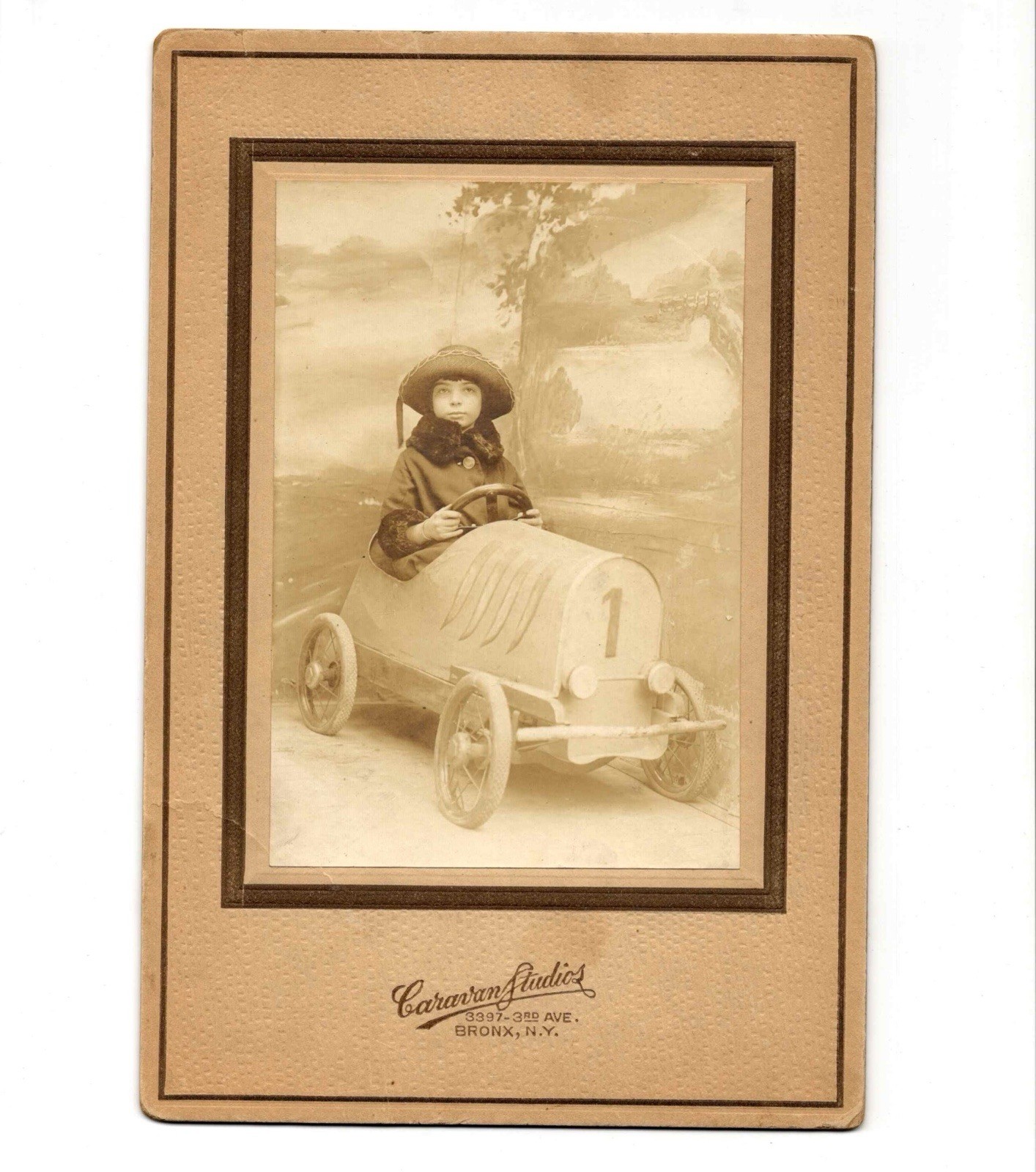 Antique c. 1920s Cute Girl Fur Coat Hat Pedal Car BRONX New York NY Photo 6x9”