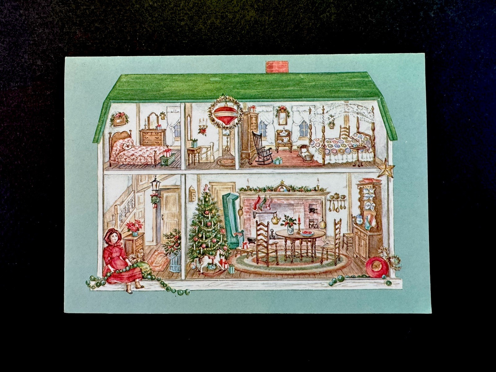 1 VTG MCM Xmas Greeting Card Stunning 2 Story Miniature Old Fashioned Doll House