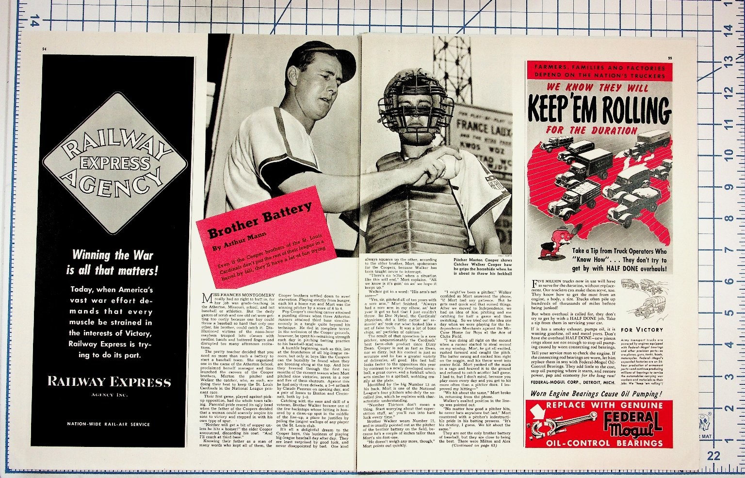 1942 Collier\'s Magazine Page WWII Railway Express Baseball Ads Kool Cigarettes