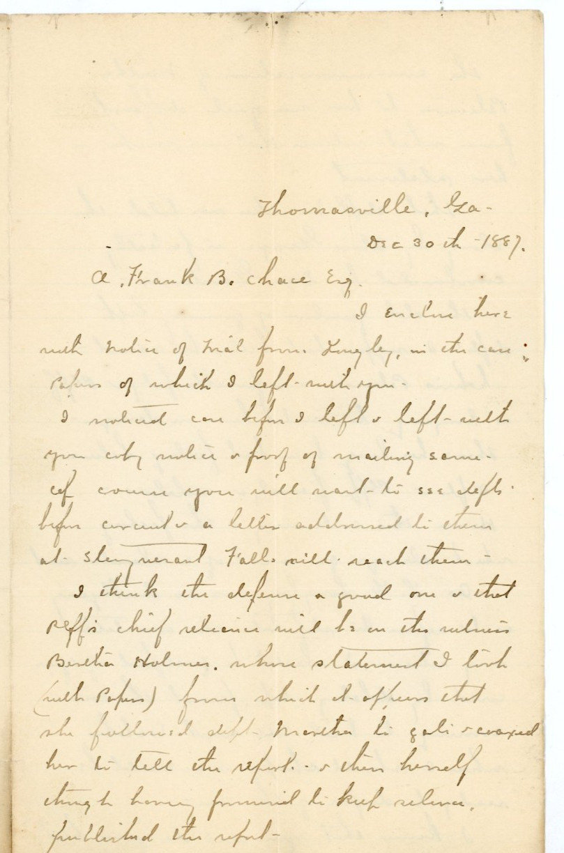 1887 Thomasville GA ALS Letter Signed G F Collier to Frank B Chase Esq Legal