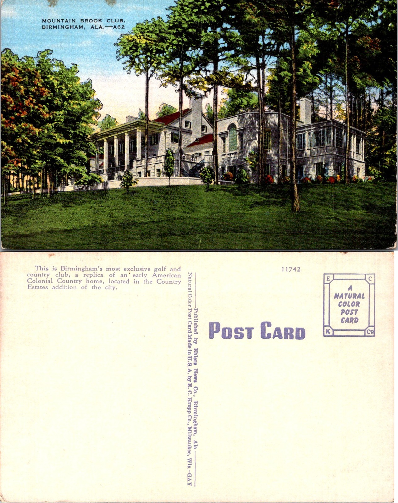 Birmingham AL Mountain Brook Club Postcard 56931