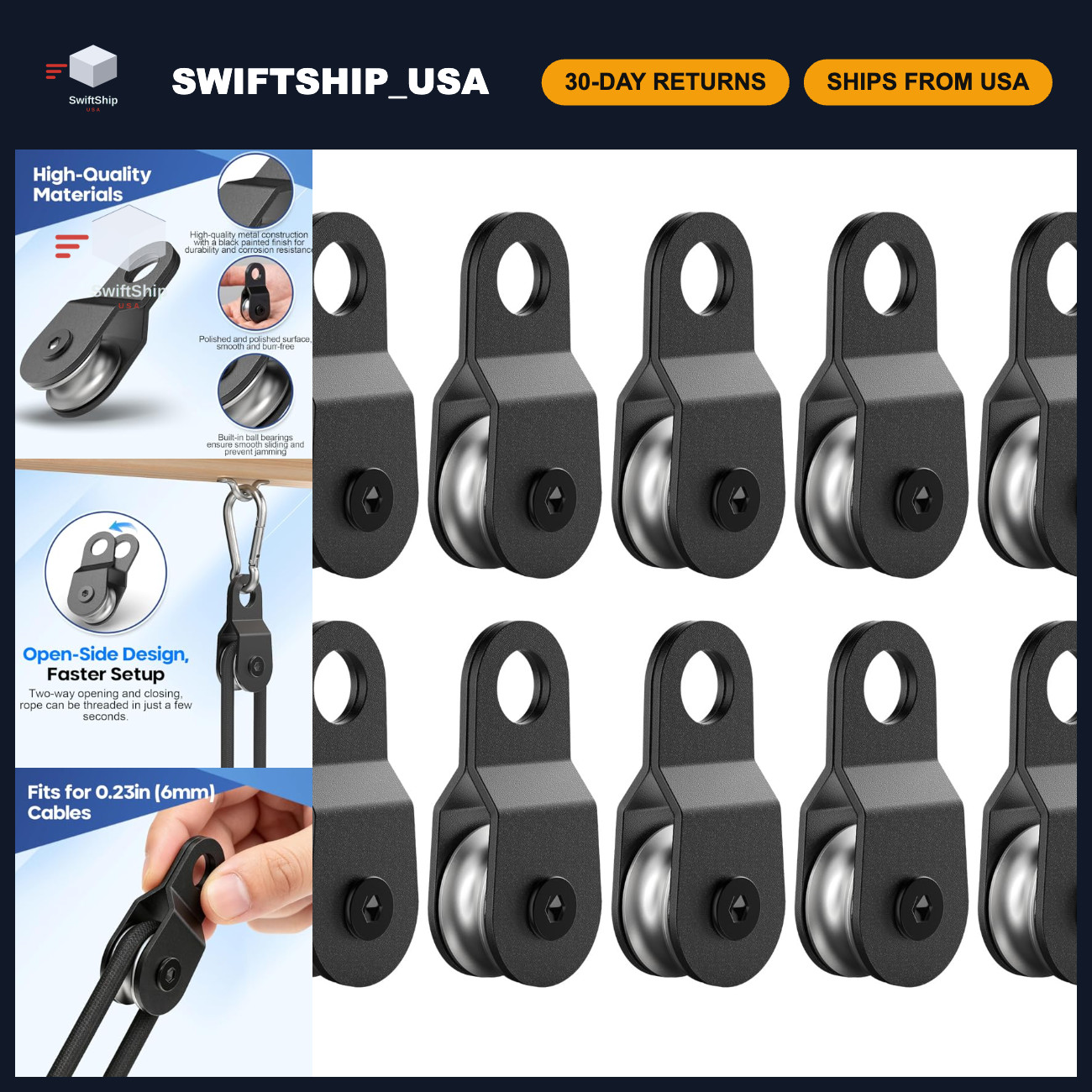 10Pcs Black Small Snatch Block Pulley Set with Ball Bearings for Rigging & Lifti