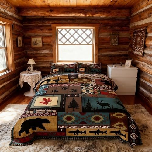 Rustic Cabin Bedding Comforter Sets Size, Lodge Bear King Brown Teal Blue