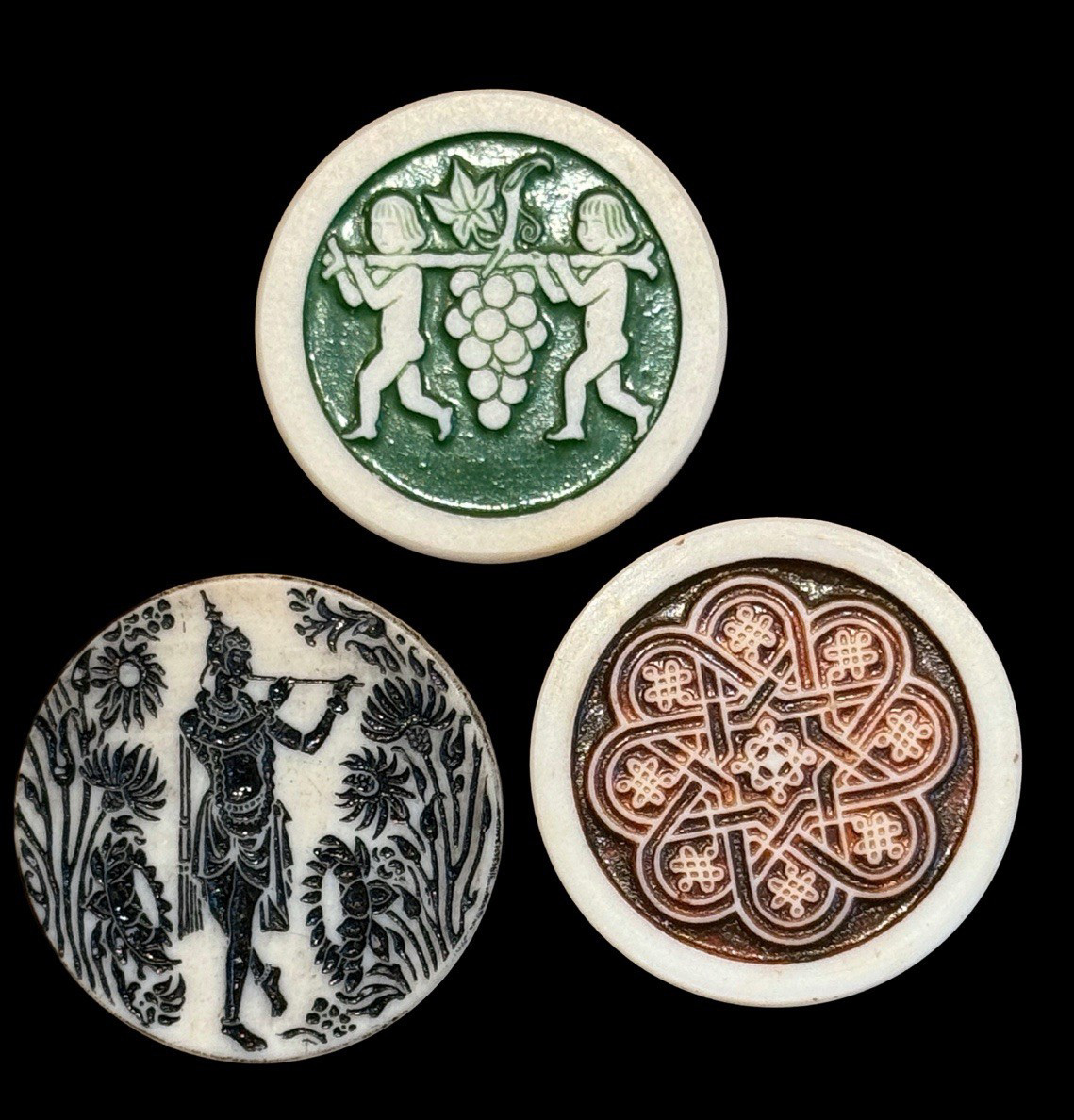 3  X- large  Vintage 1940s Artid Plastic Buttons  from England~red, green, black