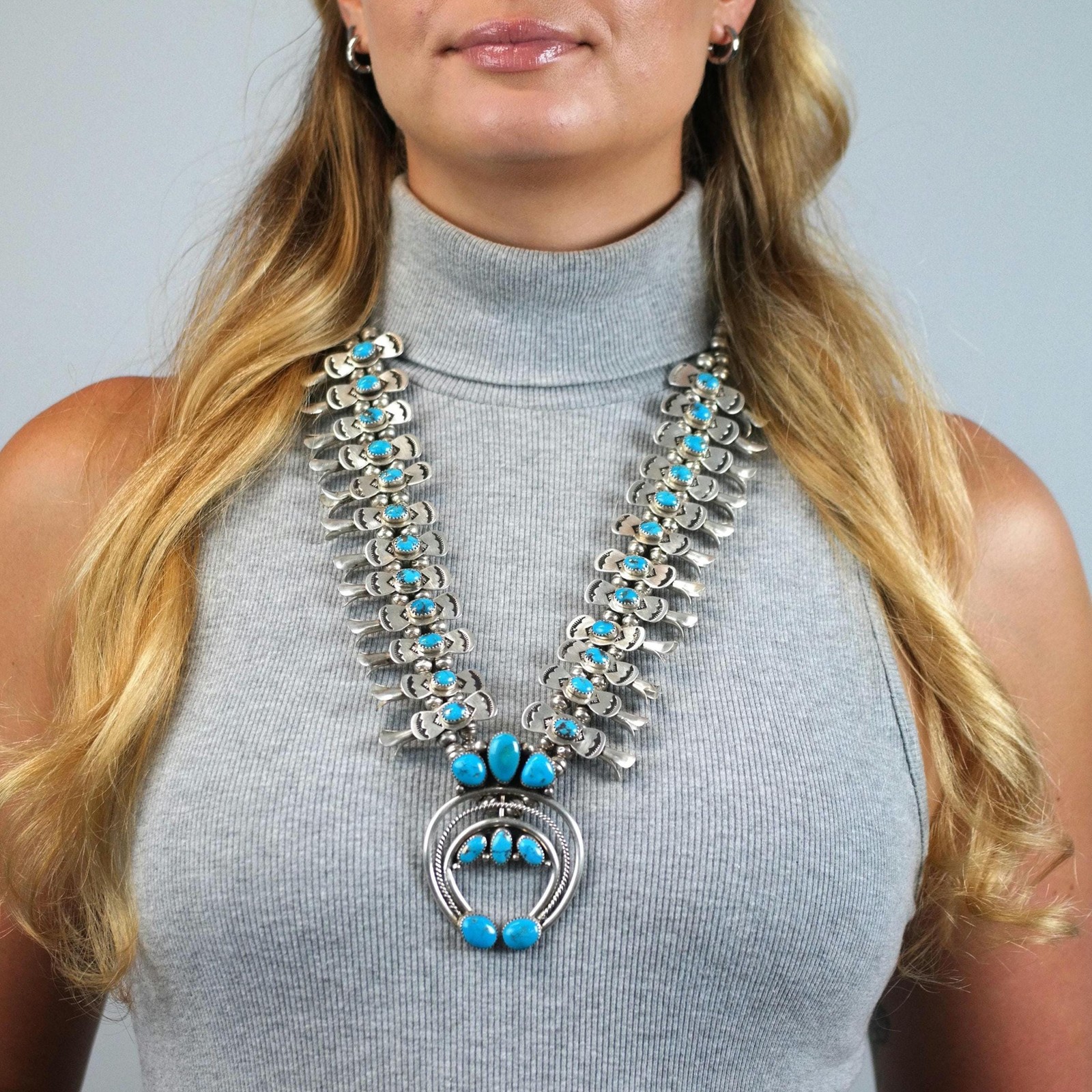 Navajo Native American Turquoise Sterling Silver Squash Blossom Necklace 28 1/2\