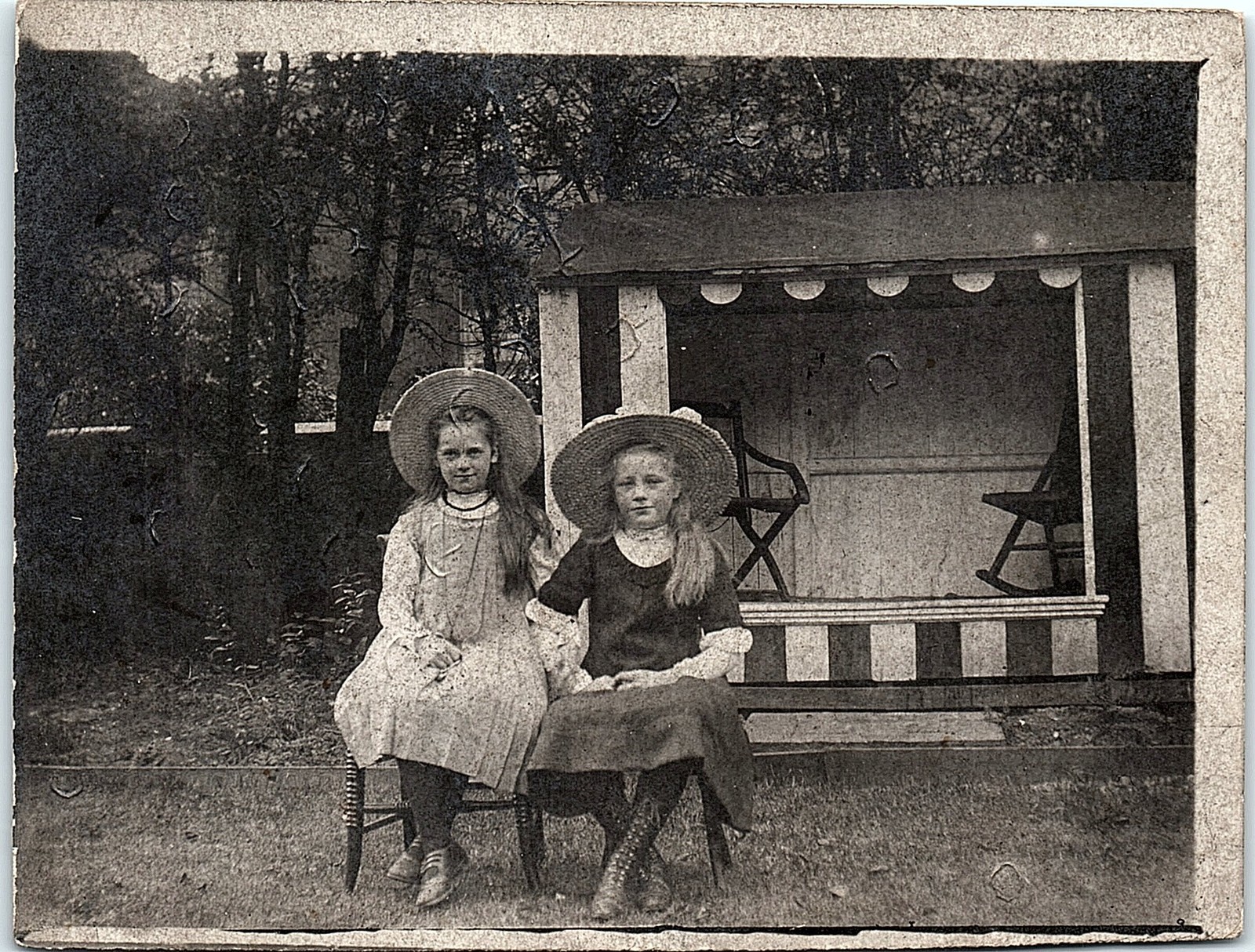 Vintage Postcard 1930s? RPPC Two Young Girls Seated Cottage Portrait