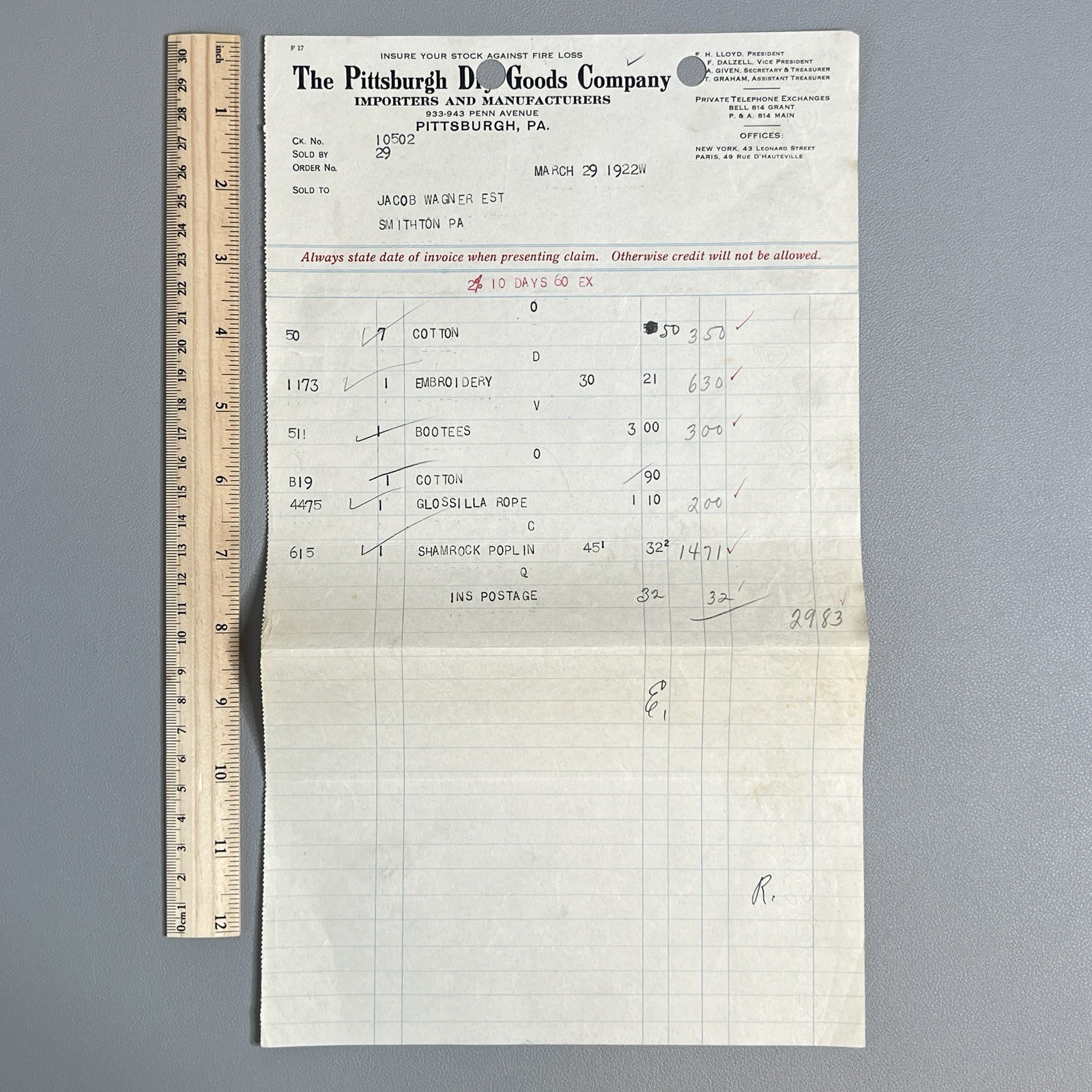1922 Pittsburgh Dry Goods Co PA Billhead Invoice Smithton PA Textiles Poplin Vtg