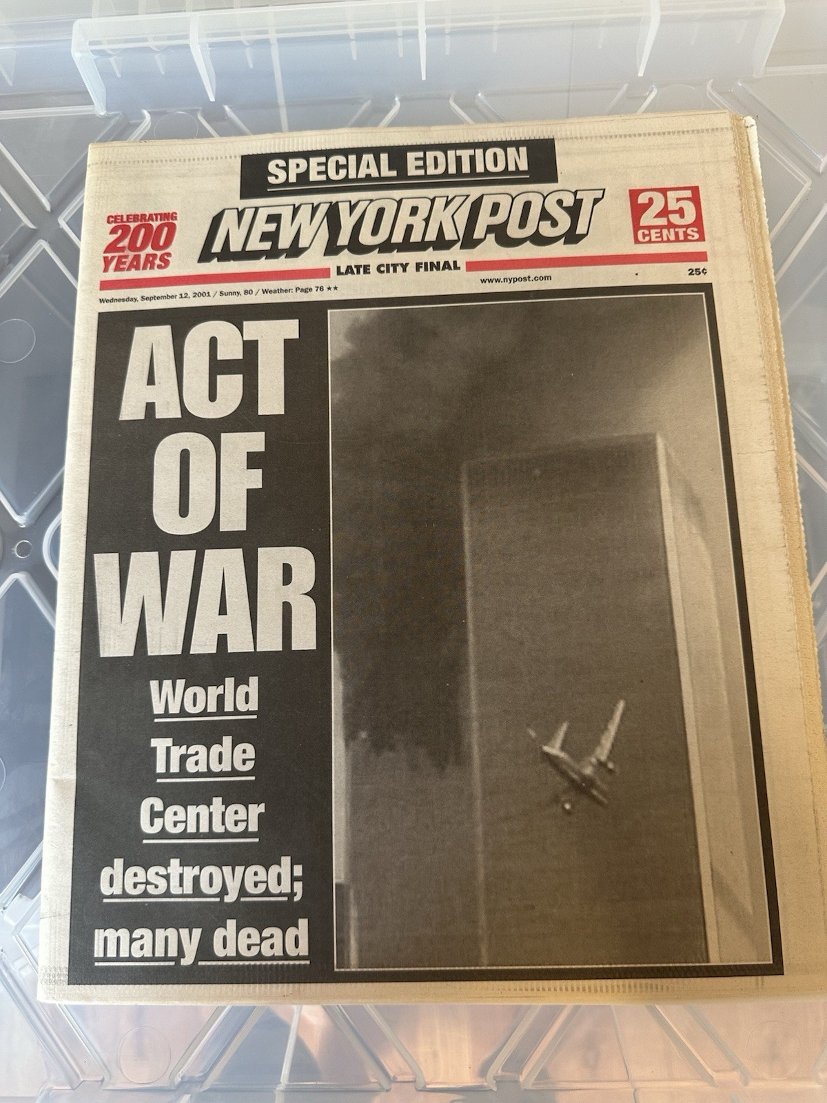 September 12, 2001 NY Post ACT OF WAR Historic 9-11 Vintage Newspaper MINT COND