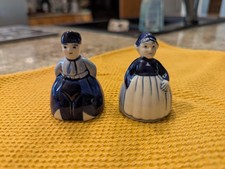 Vintage Hand Painted Delft Boy & Girl Porcelain Bell Figurines Pair Holland Blue picture