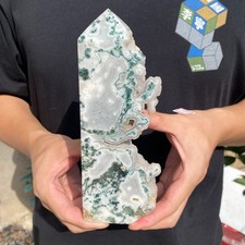 2.3lb Natural moss agate geode Tower quartz crystal obelisk Mineral specimens picture