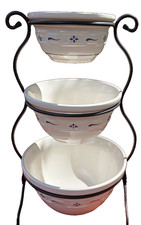 VTG Set of 3 Longaberger Mixing Bowls WT Classic Blue & WI Stand FULL SIZE picture