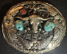 Vintage SSI Co. Native Handcrafted Turquoise & Coral Buffalo Belt Buckle picture
