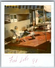 Vtg Polaroid Snapshot Photo Elderly Woman Relaxing Camper Deck Fish Lake picture
