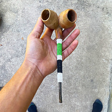 Native American Double Bowl Peace Pipe, Curved Stem, Beaded Wrap picture