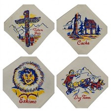 Vintage Mid-Century Alaska Souvenir Napkin Set 4 Native Art Totem Pole Dog Team picture