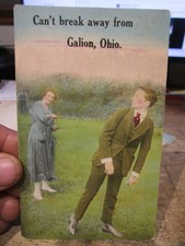 U25 Old VICTORIAN HUMOR FUNNY Postcard Galion Ohio Lovers Woman Ties Up Man Boy picture