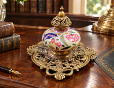 Antique Inkwell Pottery & Brass w Hand Painted Font, Demon Face, Iznik Florals picture