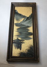 VTG Japanese Vertical Framed  landscape Gold Tone Background painting picture