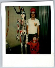 Vtg Polaroid Snapshot Photo Halloween Skeleton Kid Pumpkin Costume Man picture