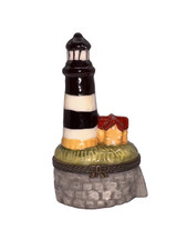 Vintage Porcelain Lighthouse Hinged Trinket Box w/ Sea Stone Trinkets 4