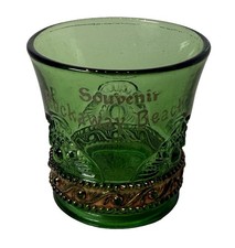 ROCKAWAY BEACH NY NEW YORK Souvenir ANTIQUE DEPRESSION GREEN Glass TRINKET CUP picture