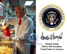 PRESIDENT DONALD TRUMP WORKING AT McDONALDS PRESIDENTIAL SEAL 8X10 AI PHOTO picture