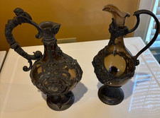 Two Antique Ornate 19th cen German Blown Amber Glass Pewter Carafe Decanter Ewer picture