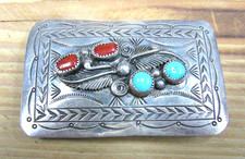 Vintage Sterling Silver Navajo Turquoise and Coral Belt Buckle picture