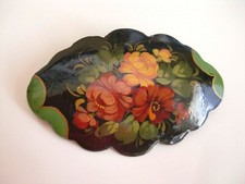 VTG~1970s~RISSIAN~SOVIET INION~LACQUER~FLOWERS~SIGNED TEMOFEEVA~BROOCH PIN~OVAL  picture