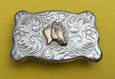 VTG Rare Design Old Western America Sterling Silver Horse Sash Scarf Belt Buckle picture