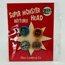 Retro Miss Ladybug Vtg Halloween Pinback Button Set Wolfman Frankenstein Mummy picture