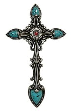 De Leon Collections Vintage Turquoise Silver Wall Cross 15.5in Decor picture