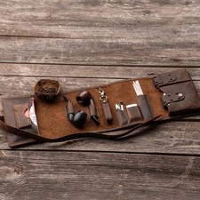 Leather Pipe Roll, Handmade Brown Pipe Case, Tobacco Pouch, Travel Pipe Holder picture
