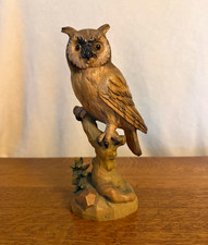 ANRI Vintage Hand Carved Wooden Owl Perched on Tree Branch Figurine picture