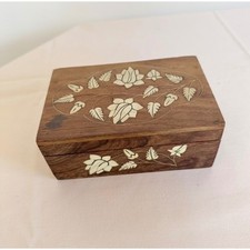 Vintage Handcrafted Wood Trinket Box Floral Inlay Jewelry Keepsake Gift Cottage picture